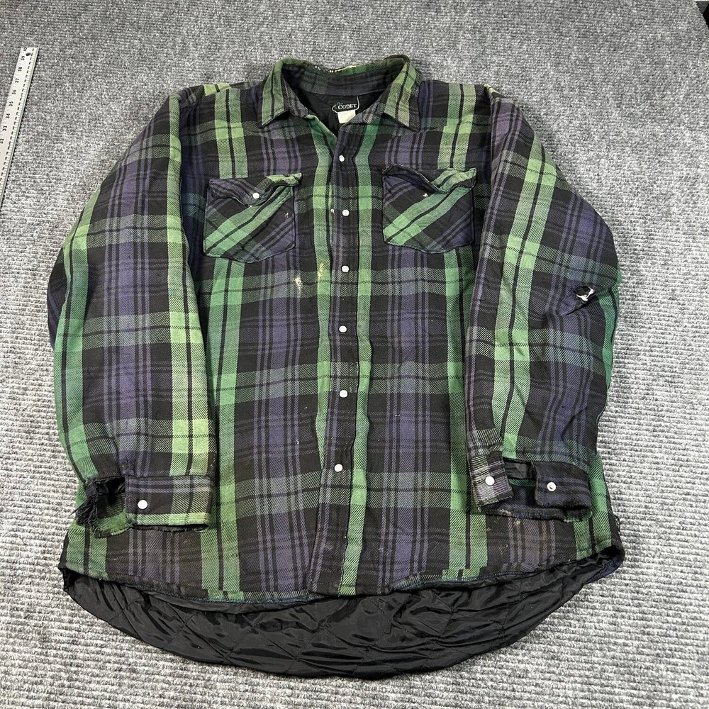 Vtg Codet Quilted Flannel Shirt Jacket Mens XL Green Fair Distressed Plaid Snap